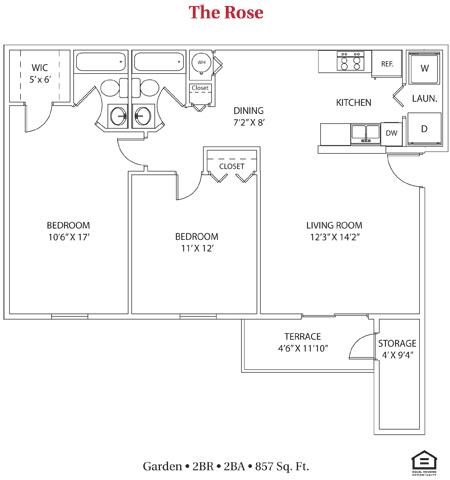 Floor plan for 2 beds, 2 baths, 857 sqft