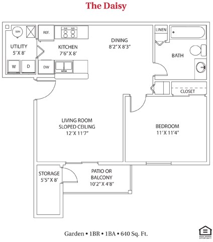 Floor plan for 1 bed, 1 bath, 640 sqft