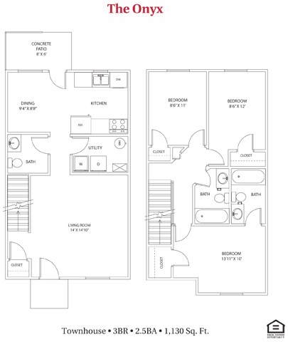 Floor plan for 3 beds, 2.5 baths, 1130 sqft