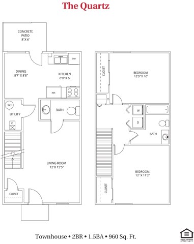 Floor plan for 2 beds, 1.5 baths, 960 sqft