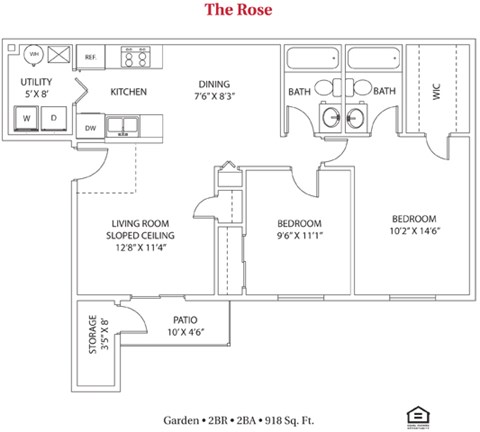 Floor plan for 2 beds, 2 baths, 918 sqft