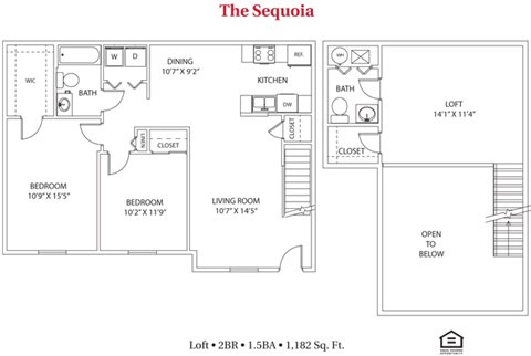 Floor plan for 2 beds, 1.5 baths, 1182 sqft