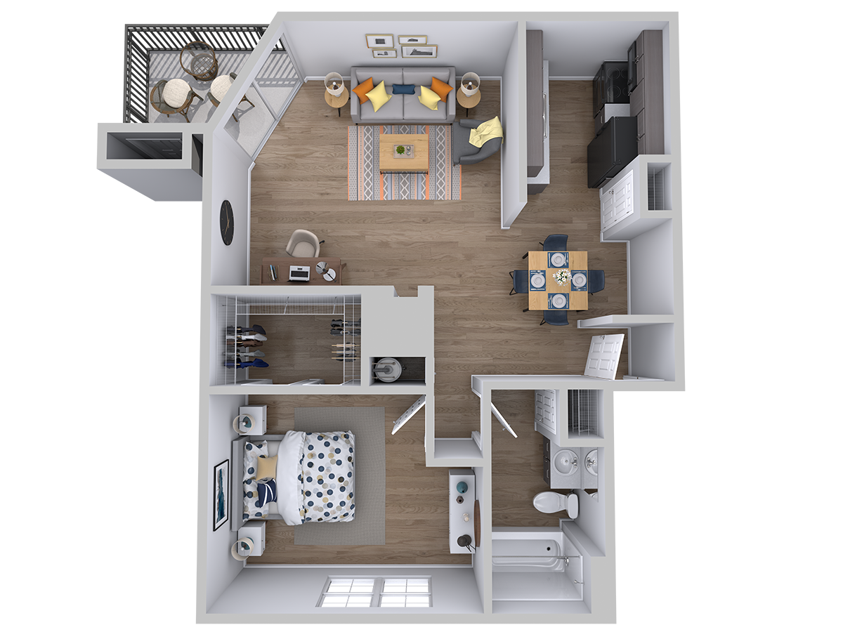 Floor plan for 1 bed, 1 bath, 665 sqft