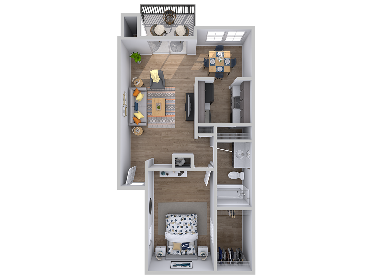 Floor plan for 1 bed, 1 bath, 666 sqft