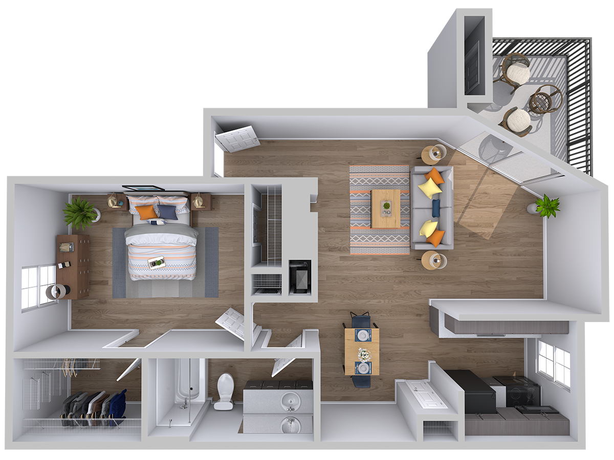 Floor plan for 1 bed, 1 bath, 668 sqft