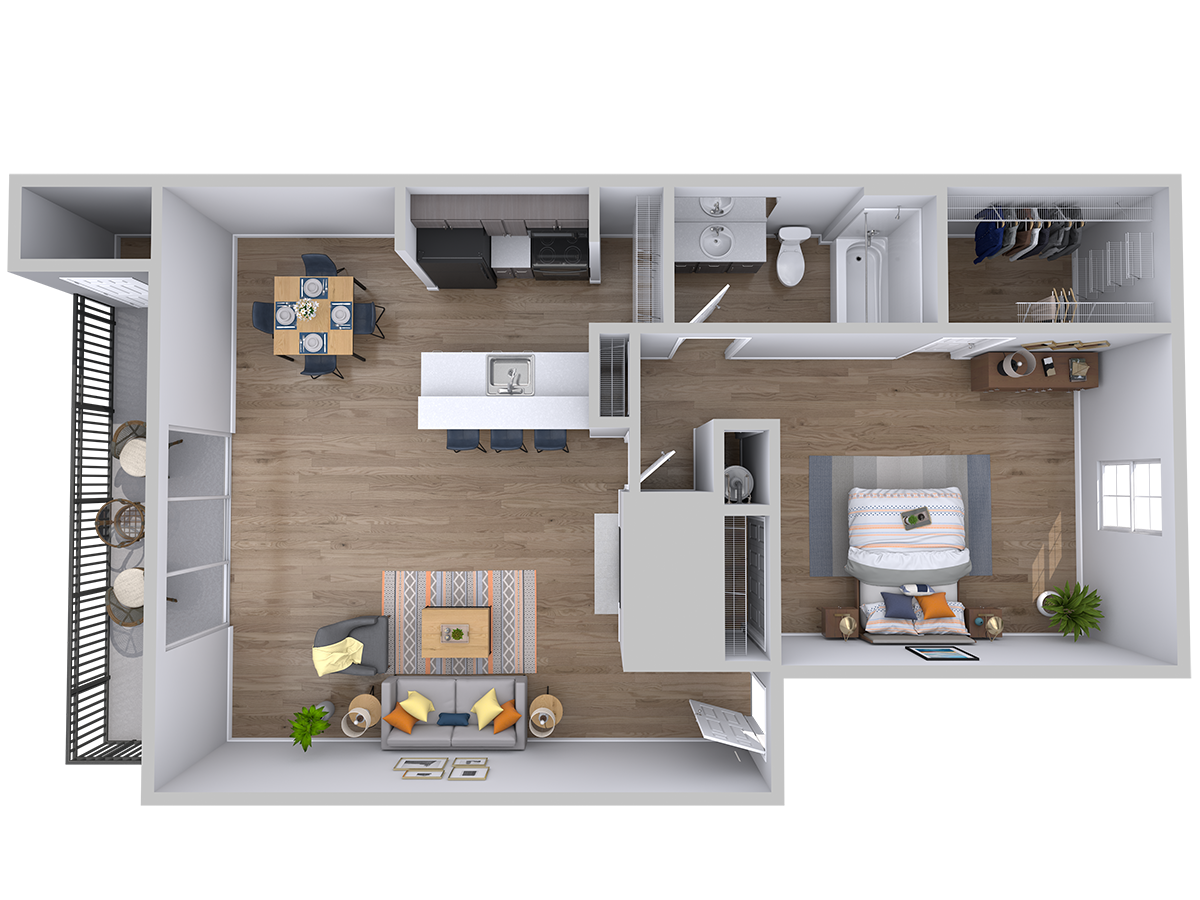 Floor plan for 1 bed, 1 bath, 790 sqft