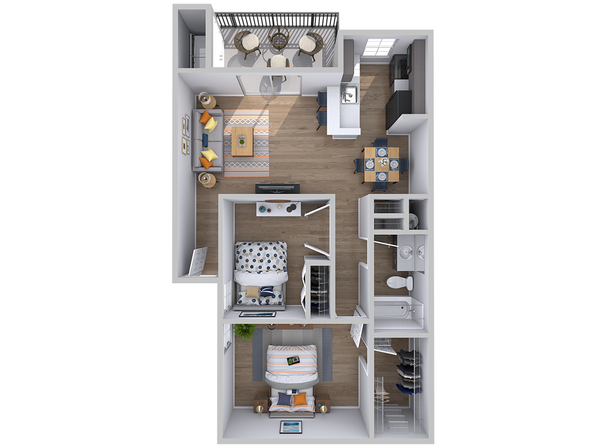 Floor plan for 2 beds, 1 bath, 790 sqft