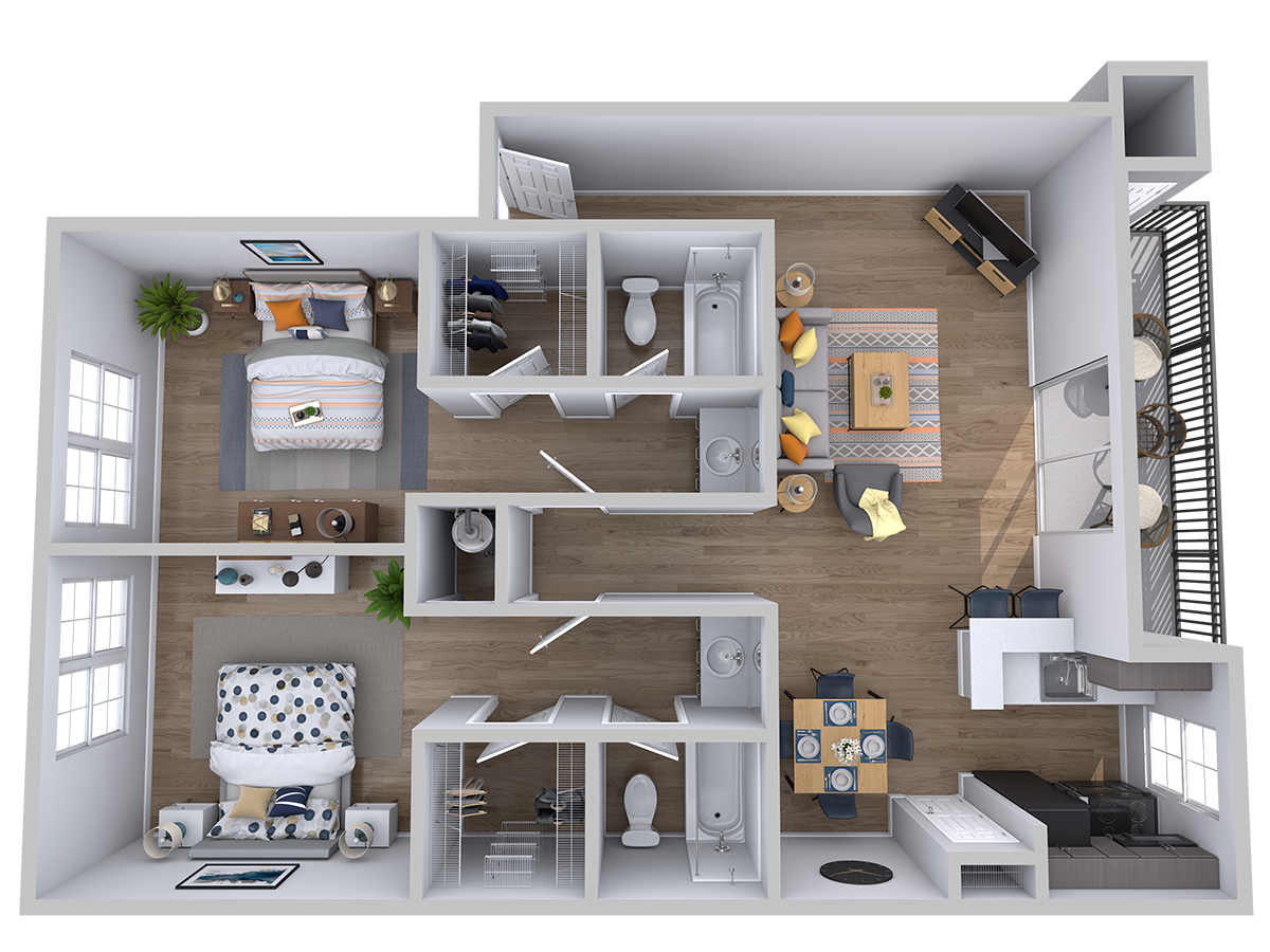 Floor plan for 2 beds, 2 baths, 900 sqft