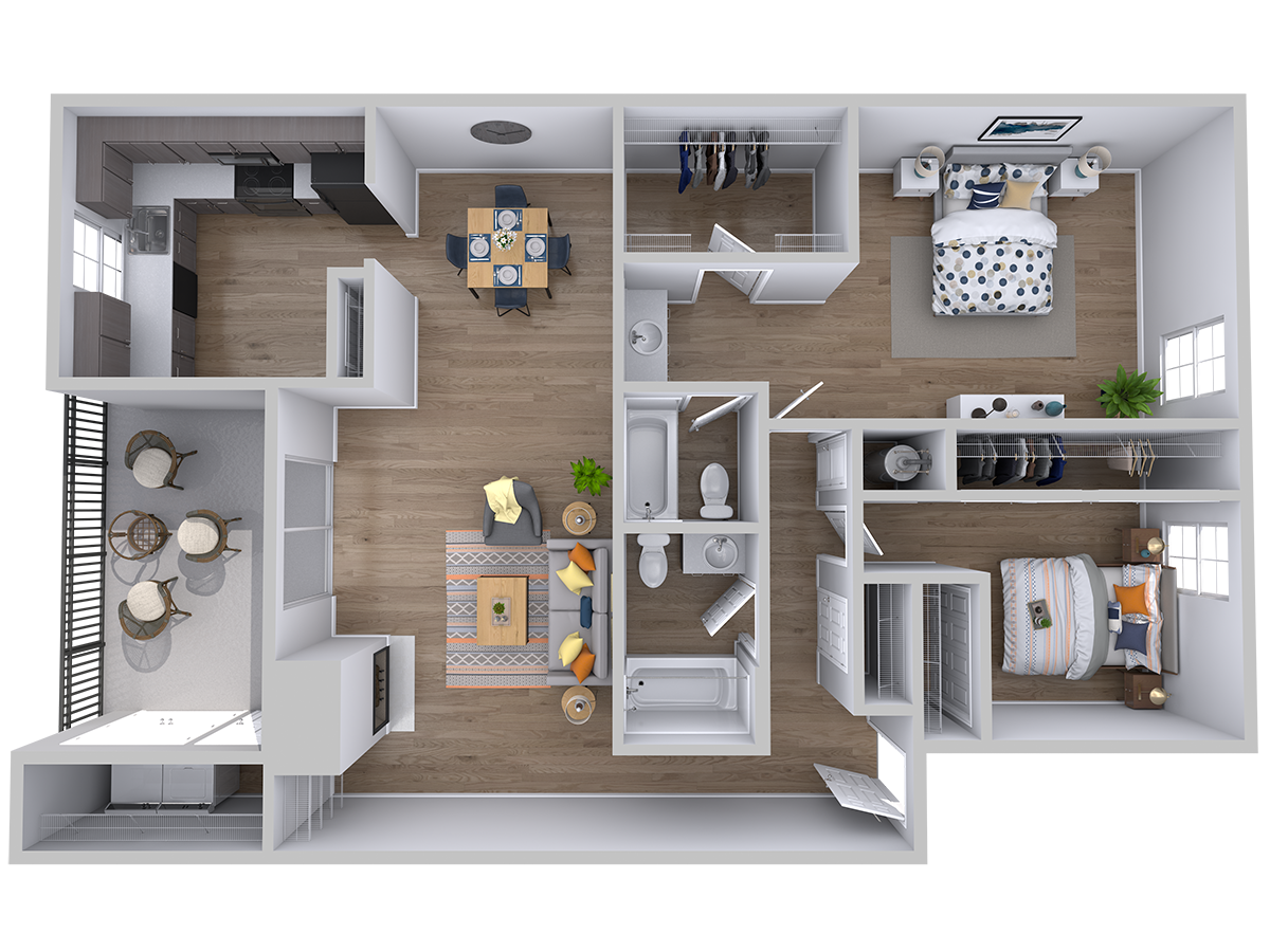 Floor plan for 2 beds, 2 baths, 1010 sqft
