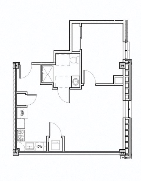 Floor plan for 1 bed, 1 bath, 662 sqft