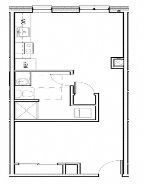 Floor plan for 1 bed, 1 bath, 518 sqft
