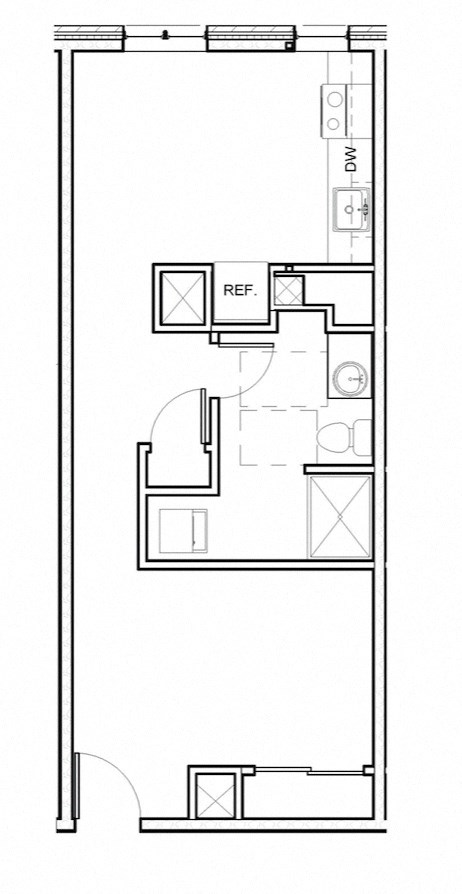 Floor plan for 1 bed, 1 bath, 495 sqft