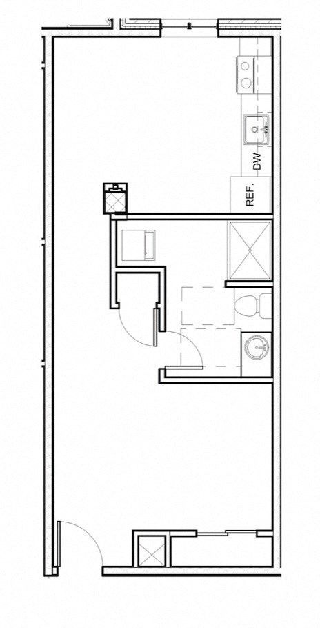 Floor plan for 1 bed, 1 bath, 537 sqft