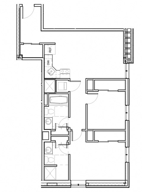 Floor plan for 2 beds, 2 baths, 829 sqft