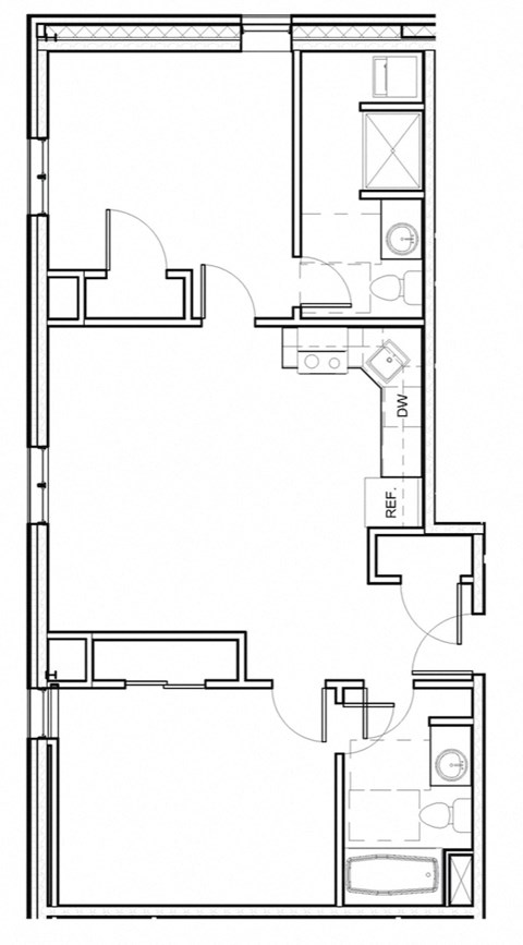 Floor plan for 2 beds, 2 baths, 848 sqft