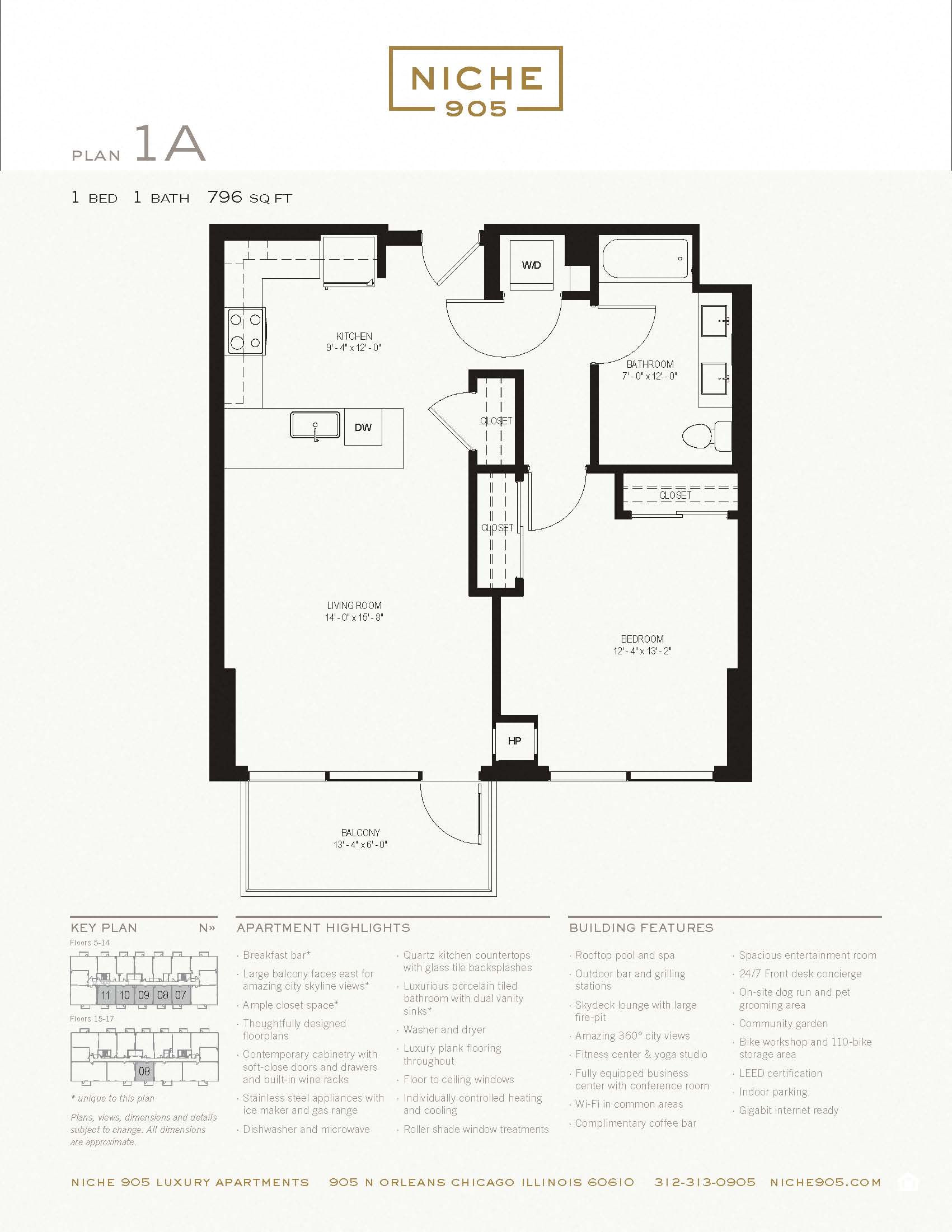 Floor plan for 1 bed, 1 bath, 796 sqft