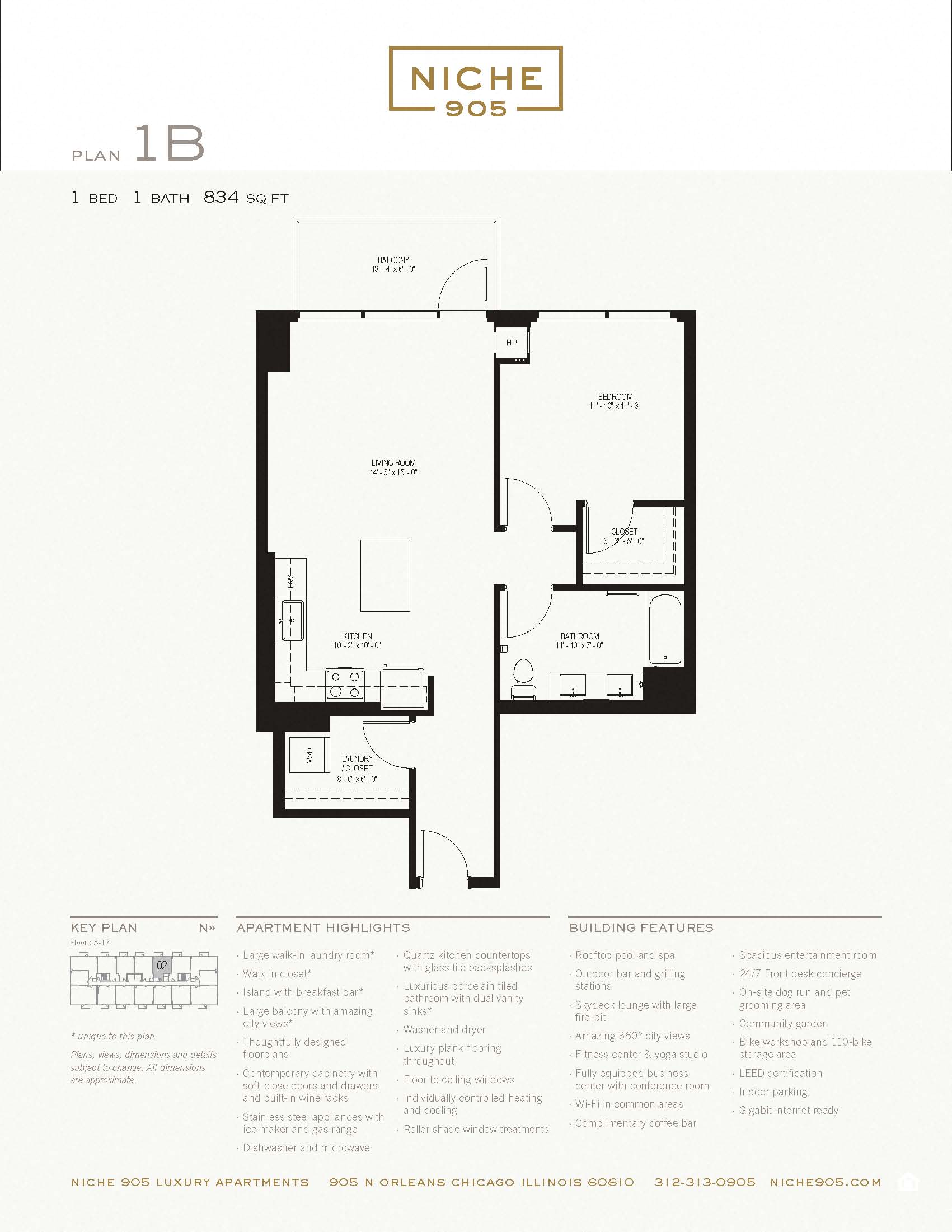 Floor plan for 1 bed, 1 bath, 834 sqft