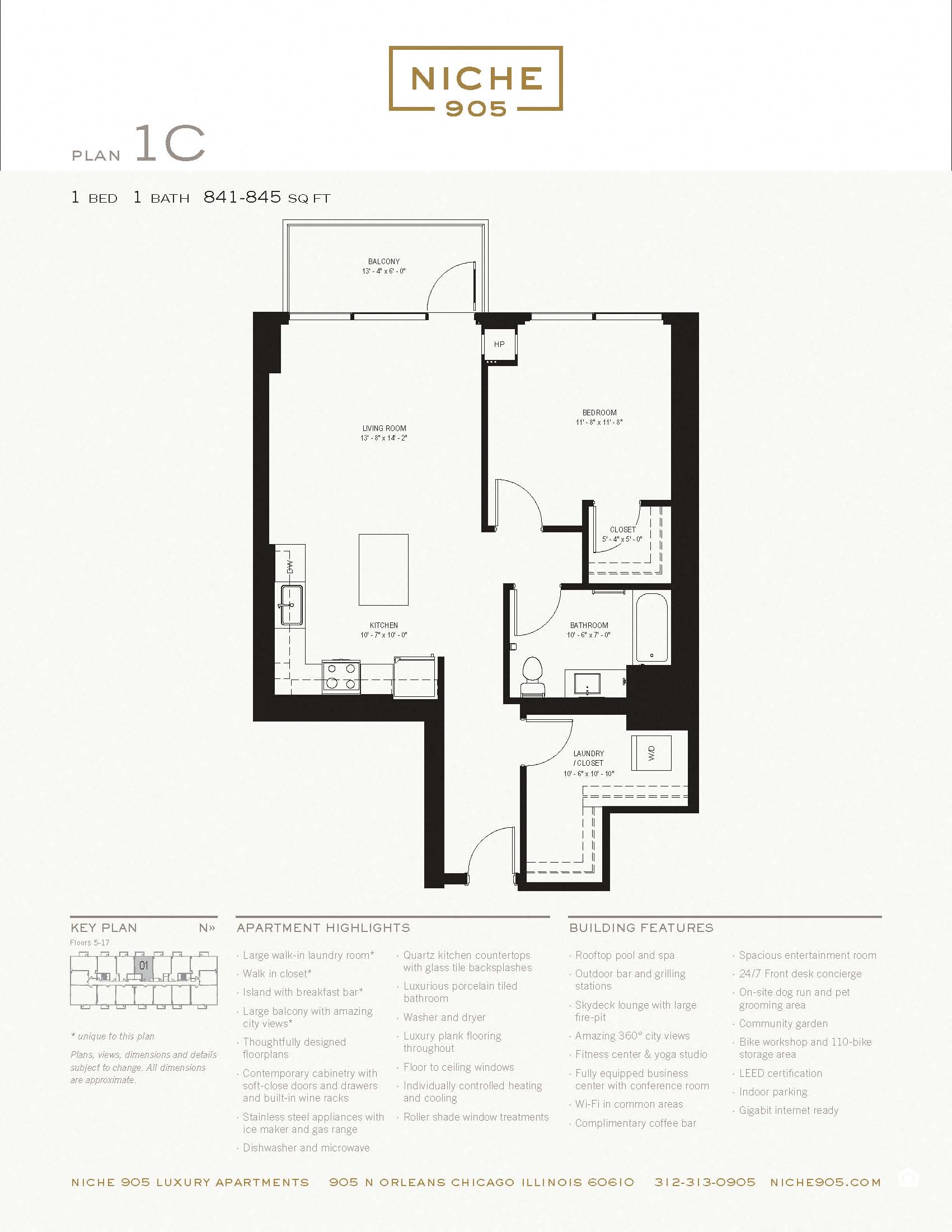 Floor plan for 1 bed, 1 bath, 845 sqft