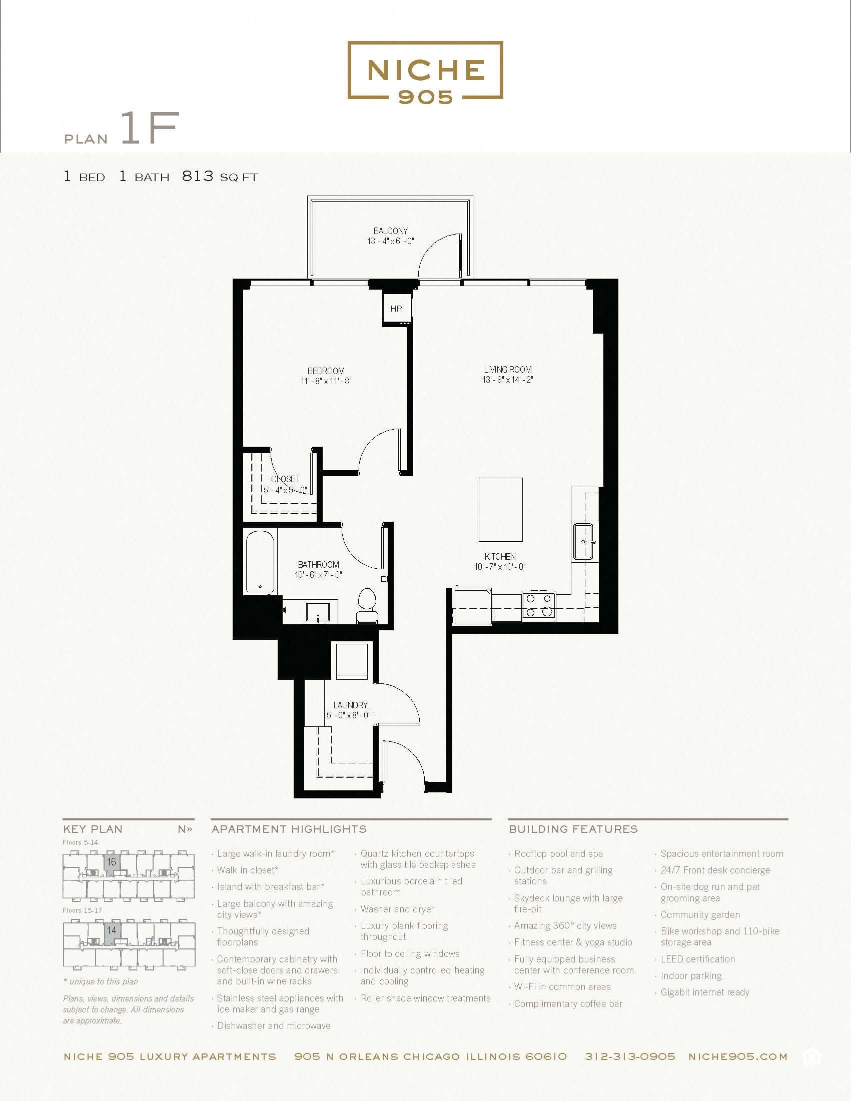 Floor plan for 1 bed, 1 bath, 813 sqft