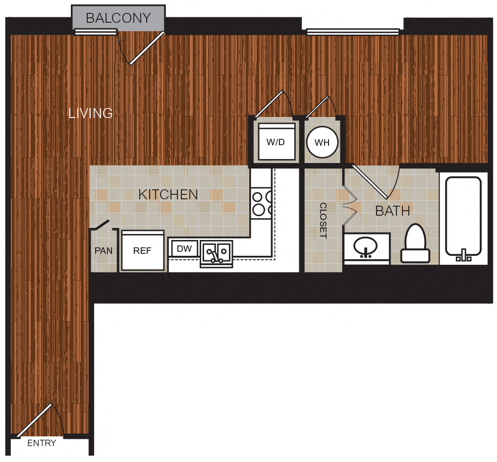 Floor plan for studio, 1 bath, 583 sqft