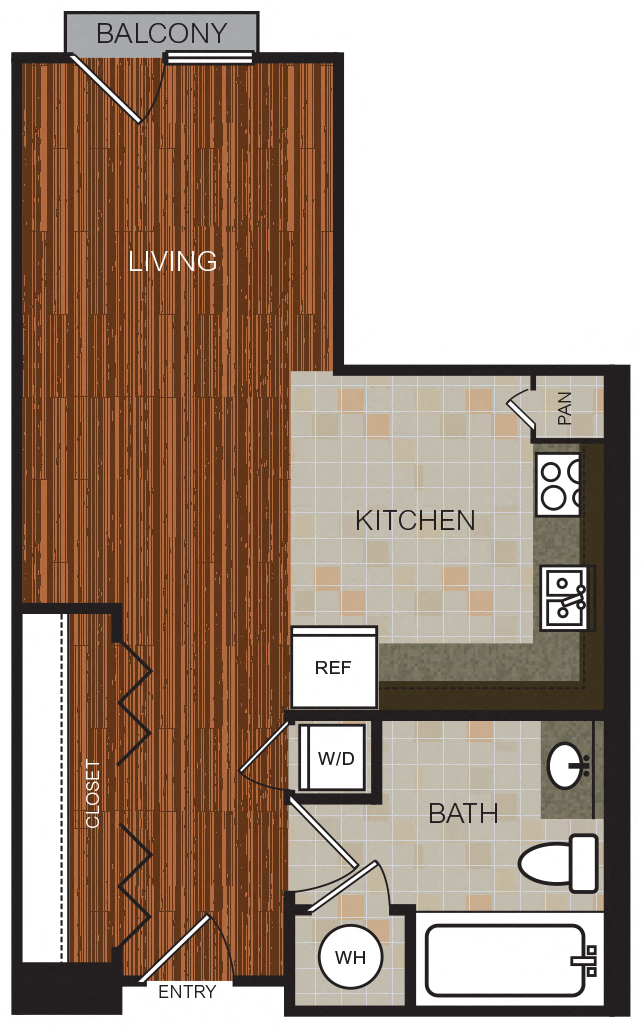 Floor plan for studio, 1 bath, 583 sqft