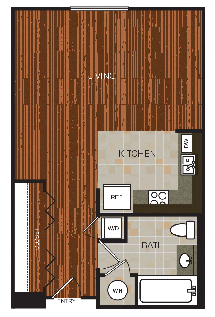 Floor plan for studio, 1 bath, 623 sqft