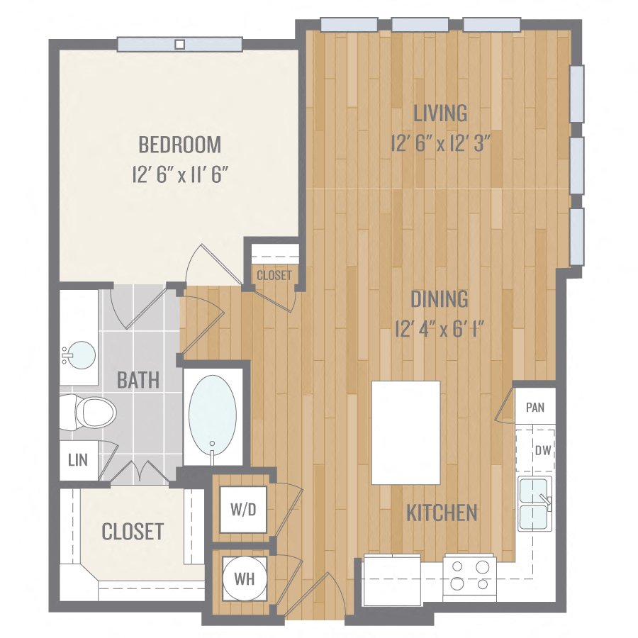 Floor plan for 1 bed, 1 bath, 806 sqft