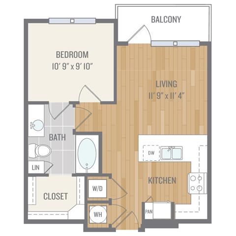 Floor plan for 1 bed, 1 bath, 614 sqft