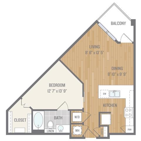 Floor plan for 1 bed, 1 bath, 695 sqft