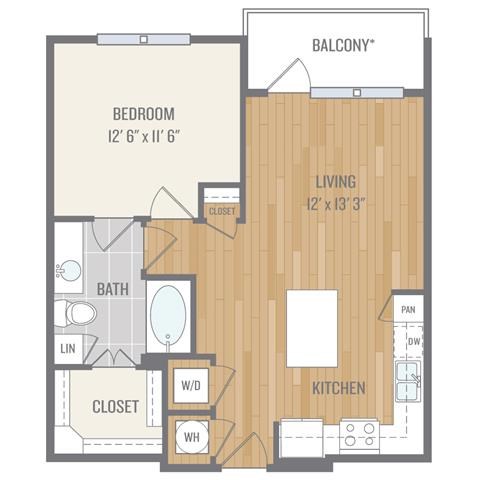 Floor plan for 1 bed, 1 bath, 716 sqft