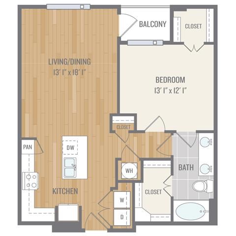 Floor plan for 1 bed, 1 bath, 844 sqft