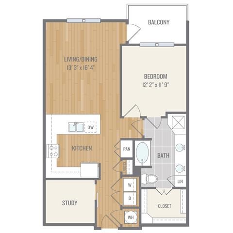 Floor plan for 1 bed, 1 bath, 927 sqft