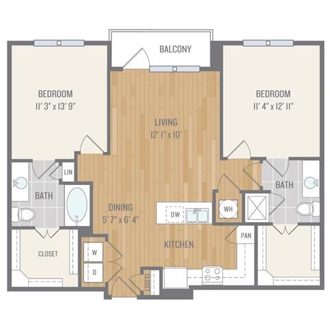 Floor plan for 2 beds, 2 baths, 1112 sqft