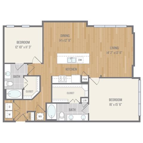 Floor plan for 2 beds, 2 baths, 1228 sqft
