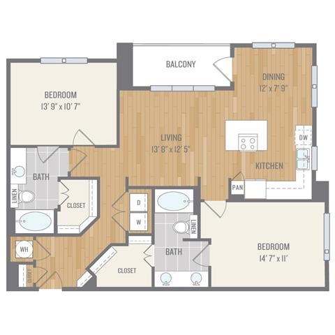 Floor plan for 2 beds, 2 baths, 1193 sqft