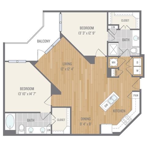 Floor plan for 2 beds, 2 baths, 1259 sqft