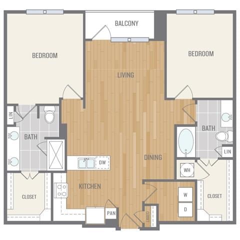 Floor plan for 2 beds, 2 baths, 1282 sqft
