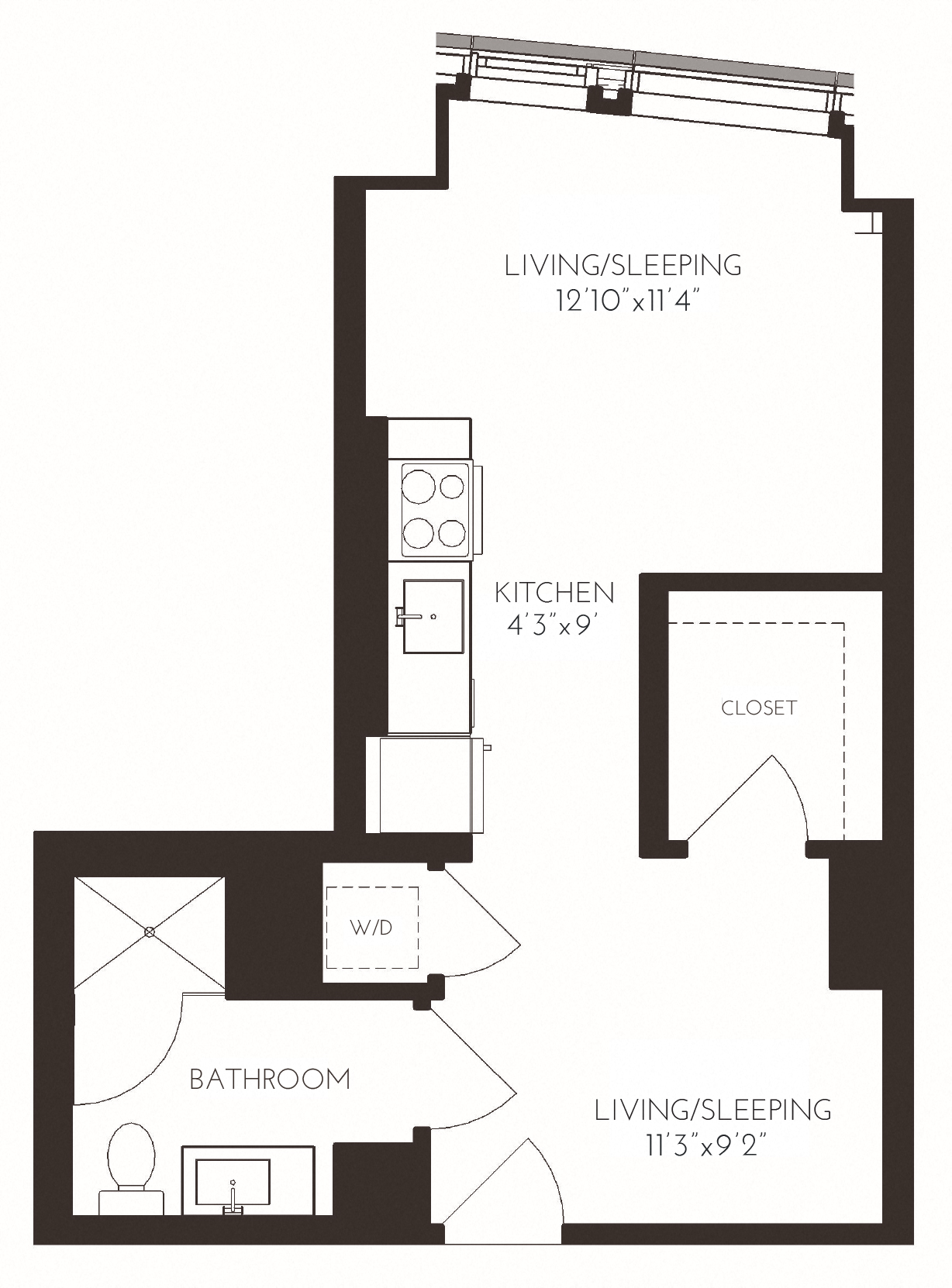 Floor plan for studio, 1 bath, 465 sqft