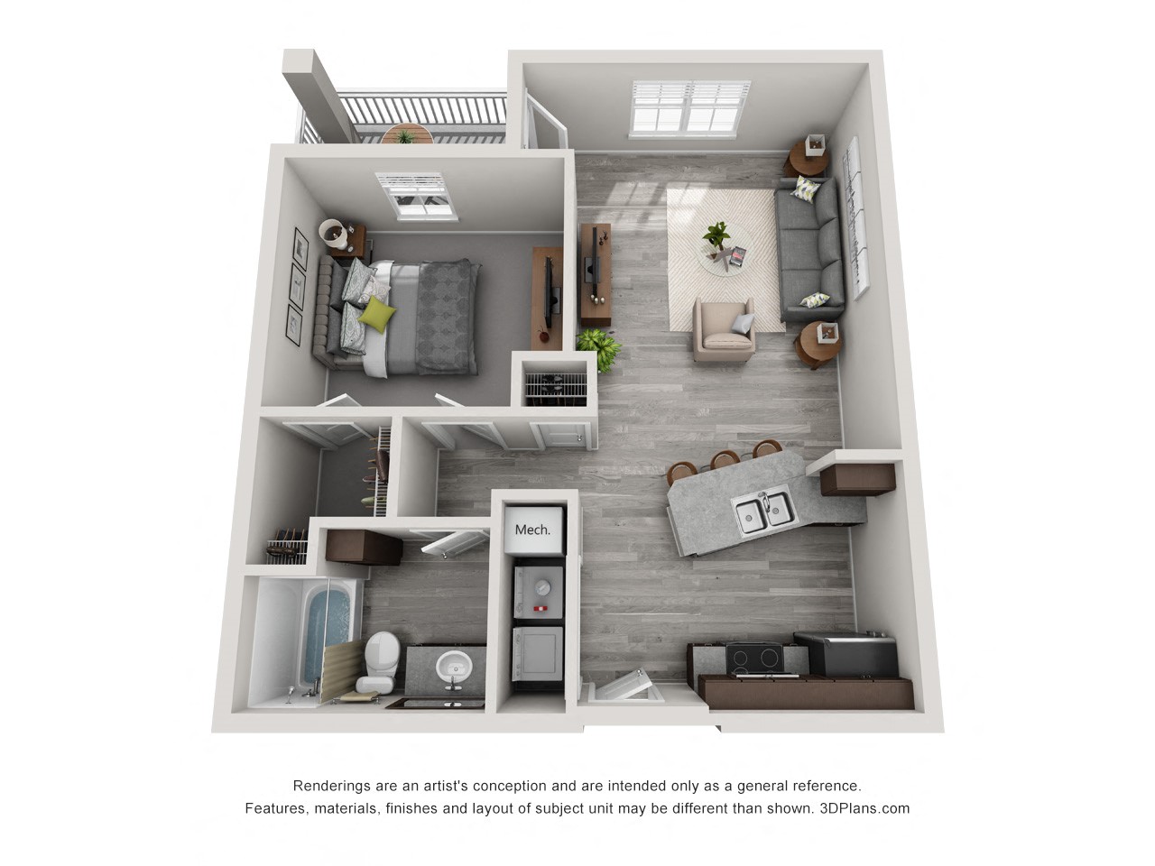 Floor plan for 1 bed, 1 bath, 673 sqft