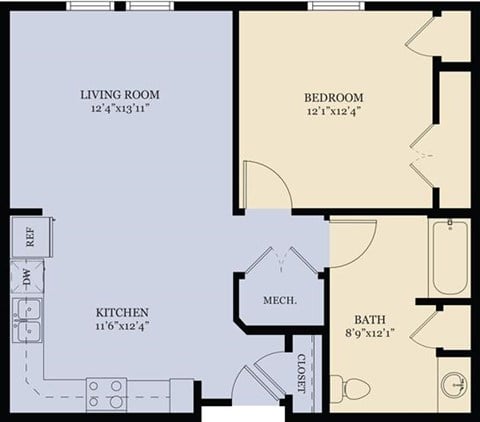 Floor plan for 1 bed, 1 bath, 708 sqft