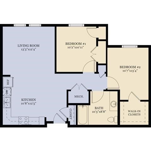 Floor plan for 2 beds, 1 bath, 855 sqft