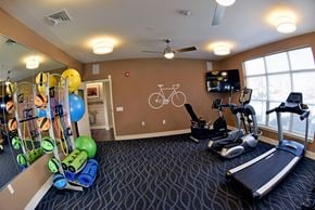 Cleveland apartment for rent - A gym with a variety of equipment including a treadmill, exercise balls, and resistance bands.