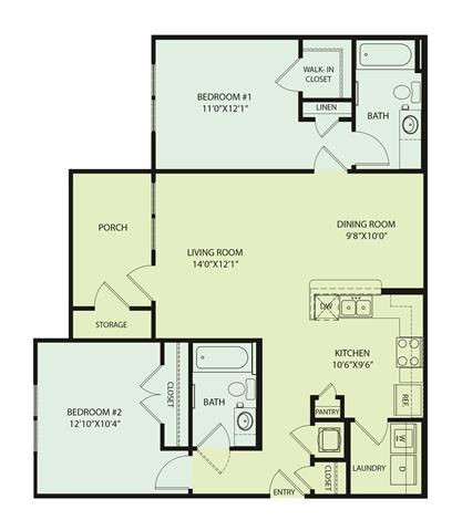 Floor plan for 2 beds, 2 baths, 1162 sqft