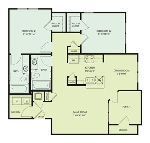 Floor plan for 2 beds, 2 baths, 1162 sqft