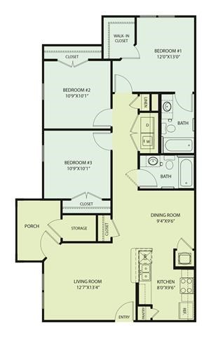 Floor plan for 3 beds, 2 baths, 1367 sqft