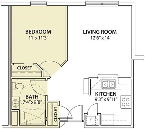 Floor plan for 1 bed, 1 bath, 588 sqft