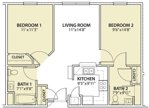Floor plan for 2 beds, 2 baths, 846 sqft