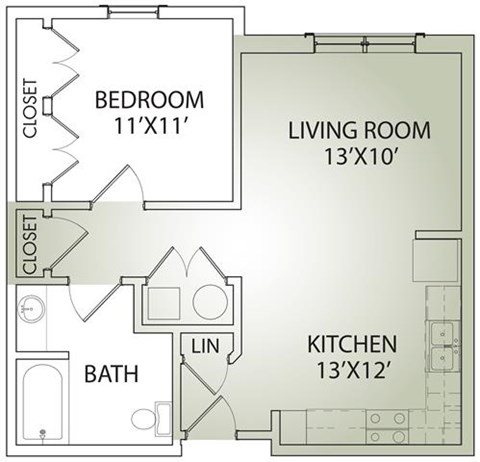 Floor plan for 1 bed, 1 bath, 750 sqft