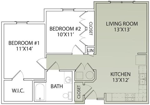Floor plan for 2 beds, 1 bath, 969 sqft