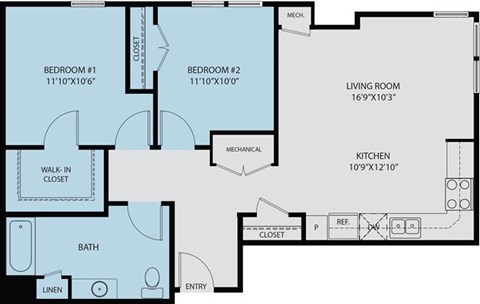 Floor plan for 2 beds, 1 bath, 910 sqft